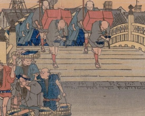Utagawa Hiroshige, 'Magohachi Takenouchi; Japan Bridge (Nihonbashi),' (detail) c. 1833-1834, woodblock print on paper, Gift of Dr. and Mrs. James B. Austin