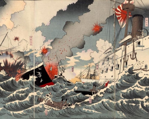 “Great Japanese Naval Victory off Haiyang Island” by Nakamura Shūkō, October 1894