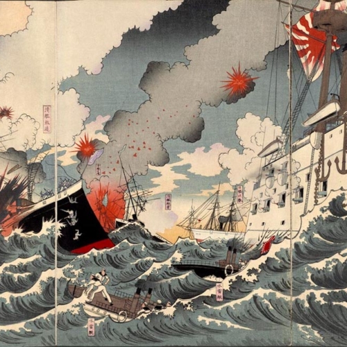“Great Japanese Naval Victory off Haiyang Island” by Nakamura Shūkō, October 1894